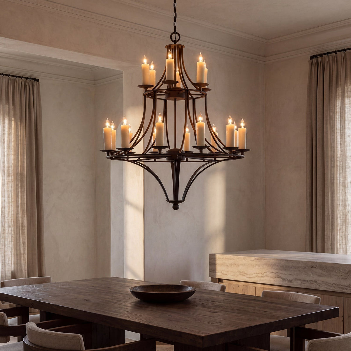 Handmade wrought iron chandelier illuminating a refined interior, illustrating how lumens affect brightness in decorative lighting.