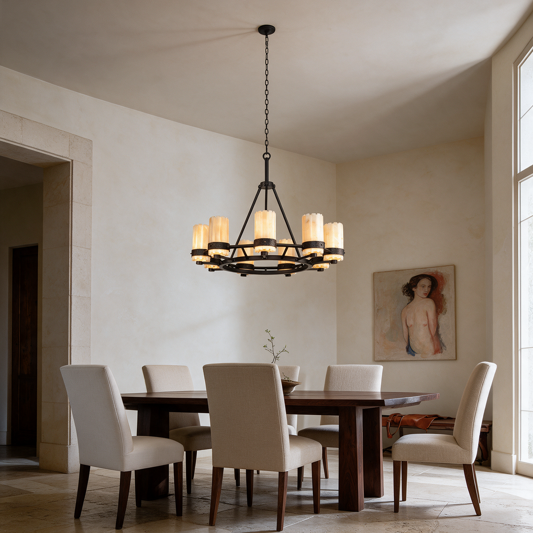 Wrought iron chandelier illuminating stone, wood, and natural textiles in a refined interior, demonstrating accurate color rendering.