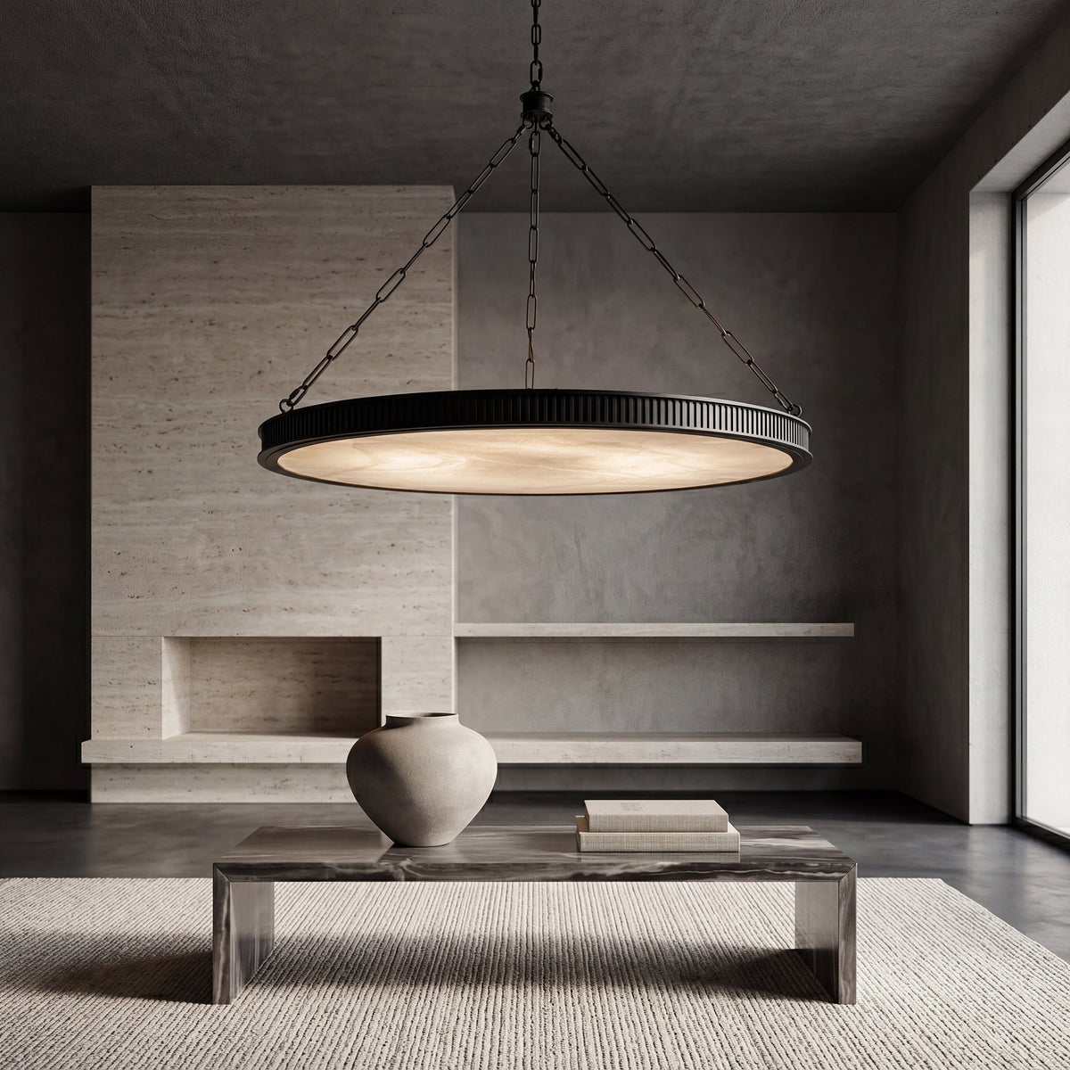 Sculptural chandelier suspended in a high-ceiling living room, illustrating proper hanging height and architectural placement.