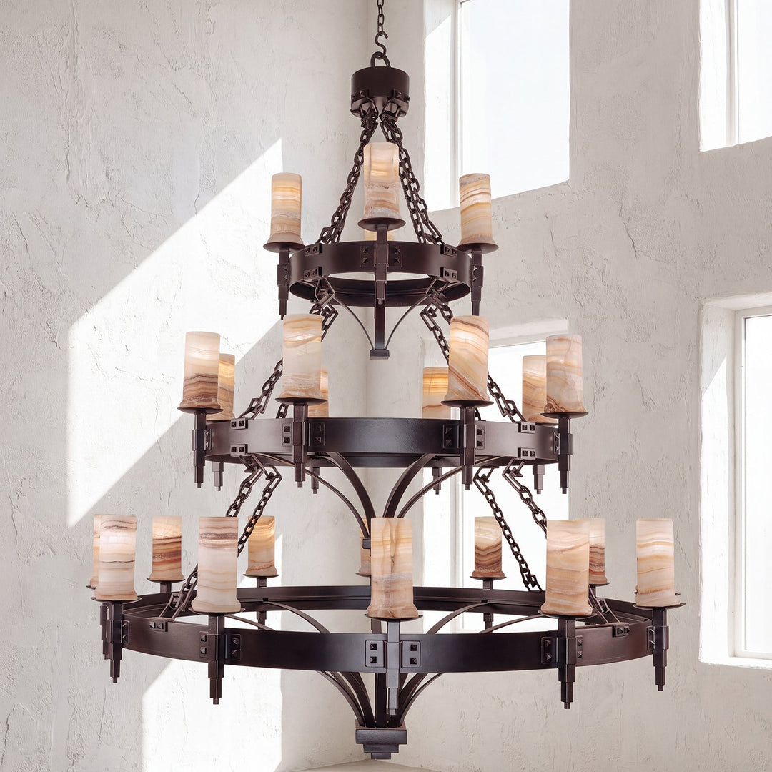 Craftsman three-tier wrought iron chandelier with natural alabaster shades representing the Craftsman handcrafted lighting collection.