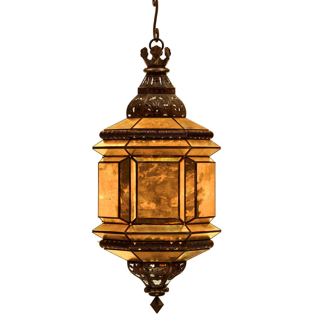 Diamante lighting collection with hand-punched tin lanterns, antique mirrored glass panels, pendants, and sconces