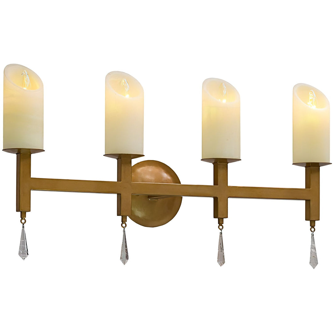 Mid-Century Mission wrought iron wall sconce collection with one- to four-light configurations, luminous covers, and crystal accents.
