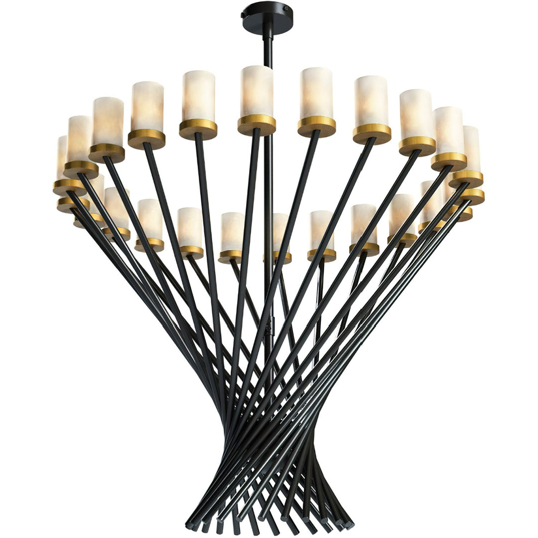 Phoenix Architectural Lighting Collection featuring a sculptural wrought iron chandelier with intersecting iron members and natural alabaster shades.