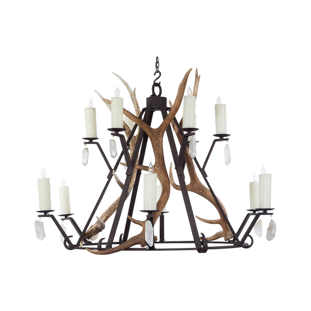 12 light wrought iron antler chandelier with quartz accents, handcrafted lighting featuring natural antlers and geometric iron frame