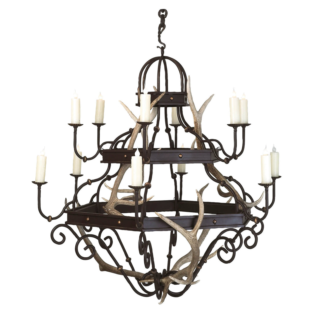 12 light Venetian wrought iron antler chandelier with tiered forged iron frame and naturally shed antlers, handcrafted in Dallas Texas