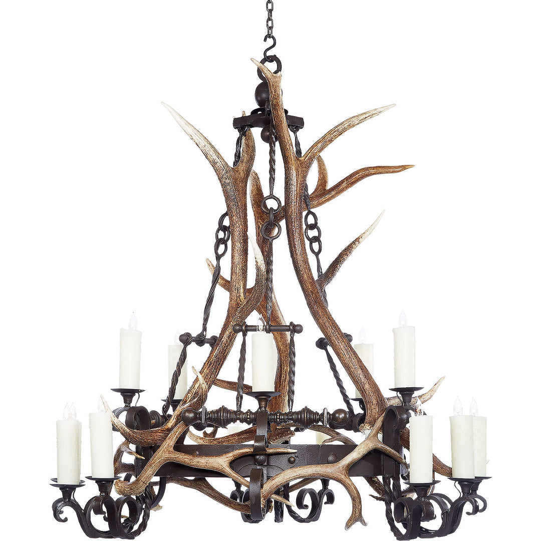 15 light wrought iron antler chandelier with vertical design, handcrafted lighting featuring natural antlers and forged iron structure