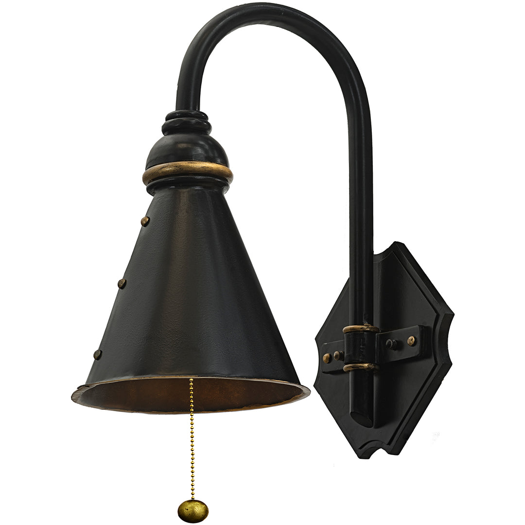1846 wrought iron wall sconce with a curved arm, flared bell shade, architectural backplate, pull-chain detail, and gold highlights.