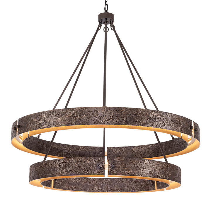 2 Tier Darlana forged iron chandelier in dark bronze finish – handcrafted round modern chandelier with two illuminated iron rings and architectural suspension frame