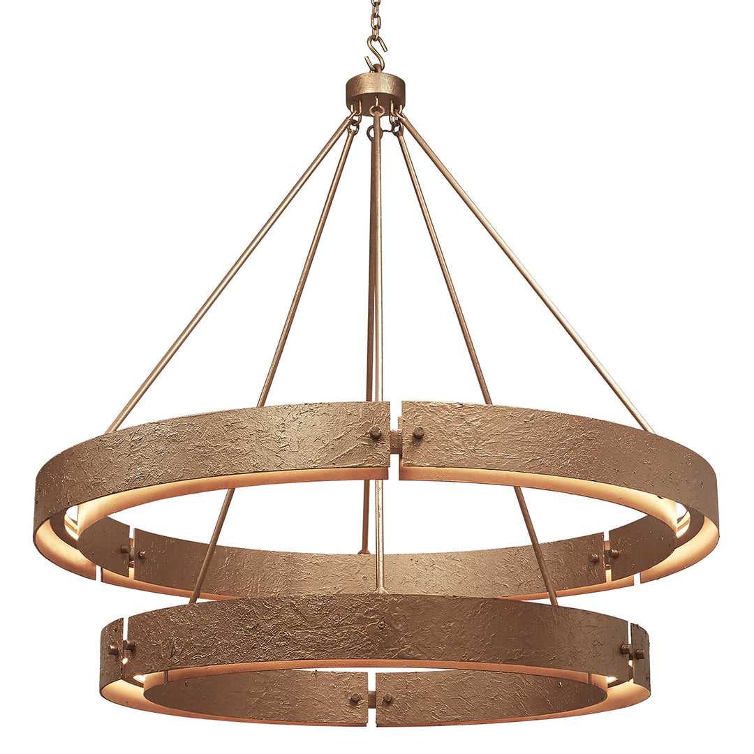 2 Tier Darlana wrought iron chandelier in warm gold finish – handcrafted forged iron chandelier with double round tiers and modern designer lighting for dining rooms and entryways
