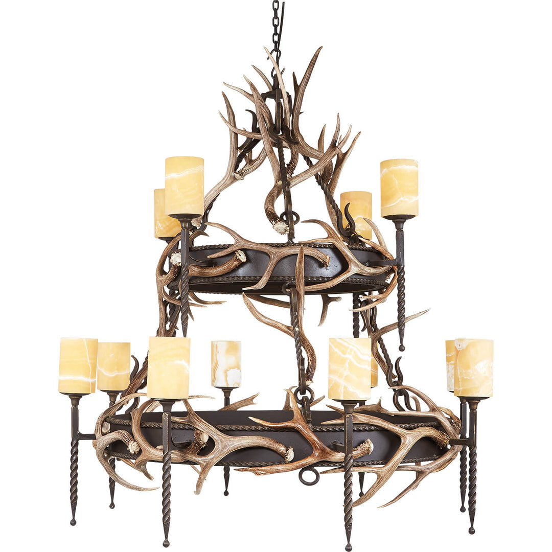2 tier lodge wrought iron antler chandelier with alabaster shades, handcrafted lighting with natural antlers and forged iron frame