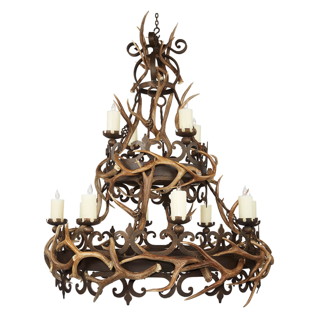 2 tier wrought iron antler chandelier with ornate scrollwork, handcrafted lighting featuring natural antlers and decorative iron frame