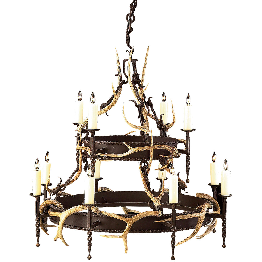 two tier wrought iron antler chandelier with dual ring design and natural antlers, handcrafted designer lighting by manufacturer