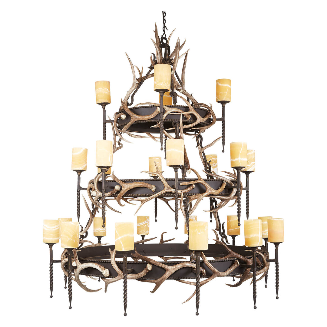 3 tier wrought iron antler chandelier with alabaster shades, large scale handcrafted lighting with natural antlers and layered design