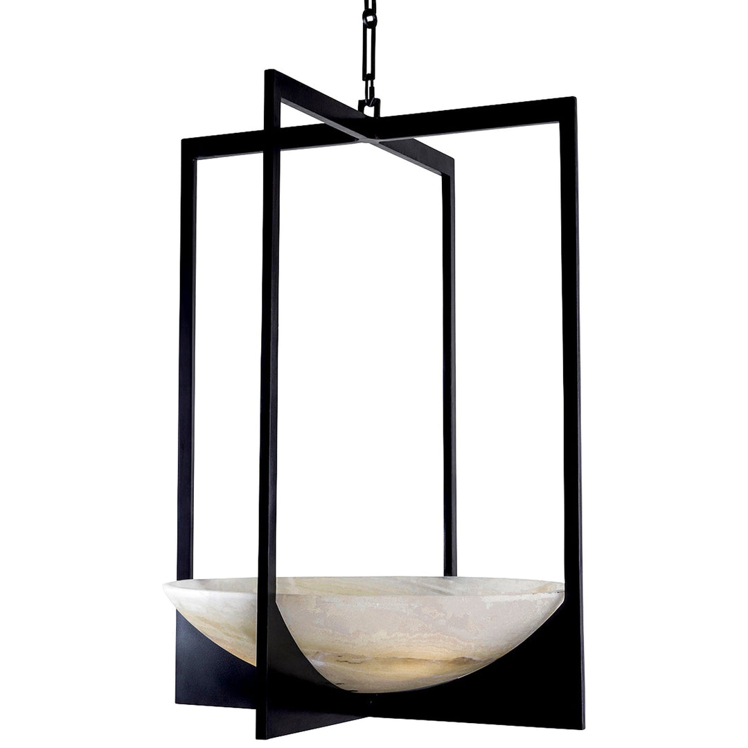Alabaster Frame wrought iron pendant with intersecting open ironwork and a shallow natural alabaster bowl in an architectural design.
