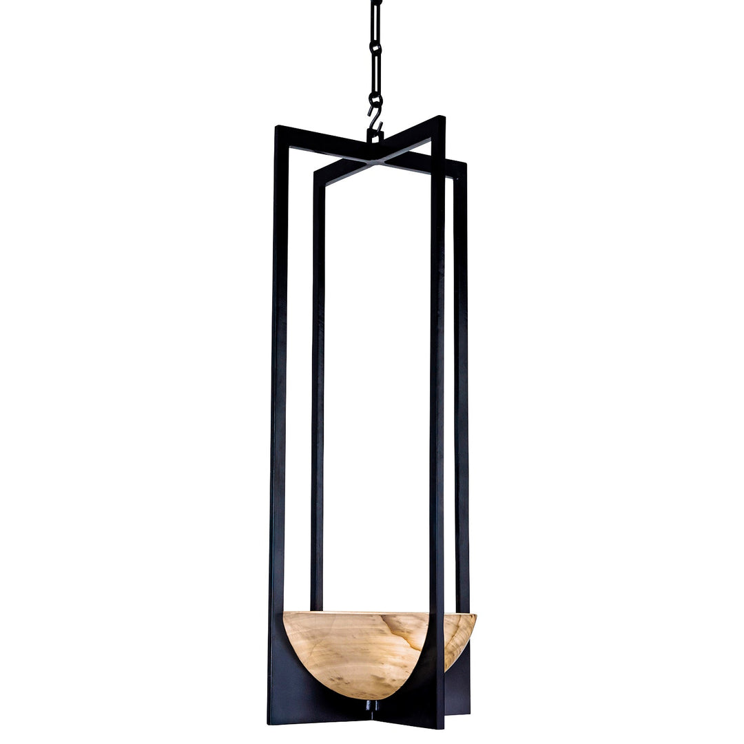 Tall configuration of the Alabaster Frame wrought iron pendant with elongated open ironwork and a naturally veined alabaster bowl.
