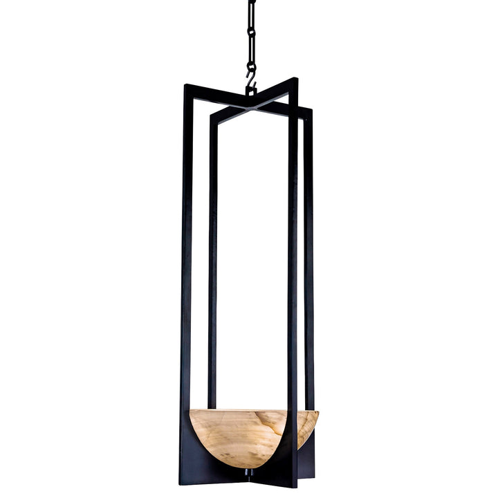 Tall configuration of the Alabaster Frame wrought iron pendant with elongated open ironwork and a naturally veined alabaster bowl.