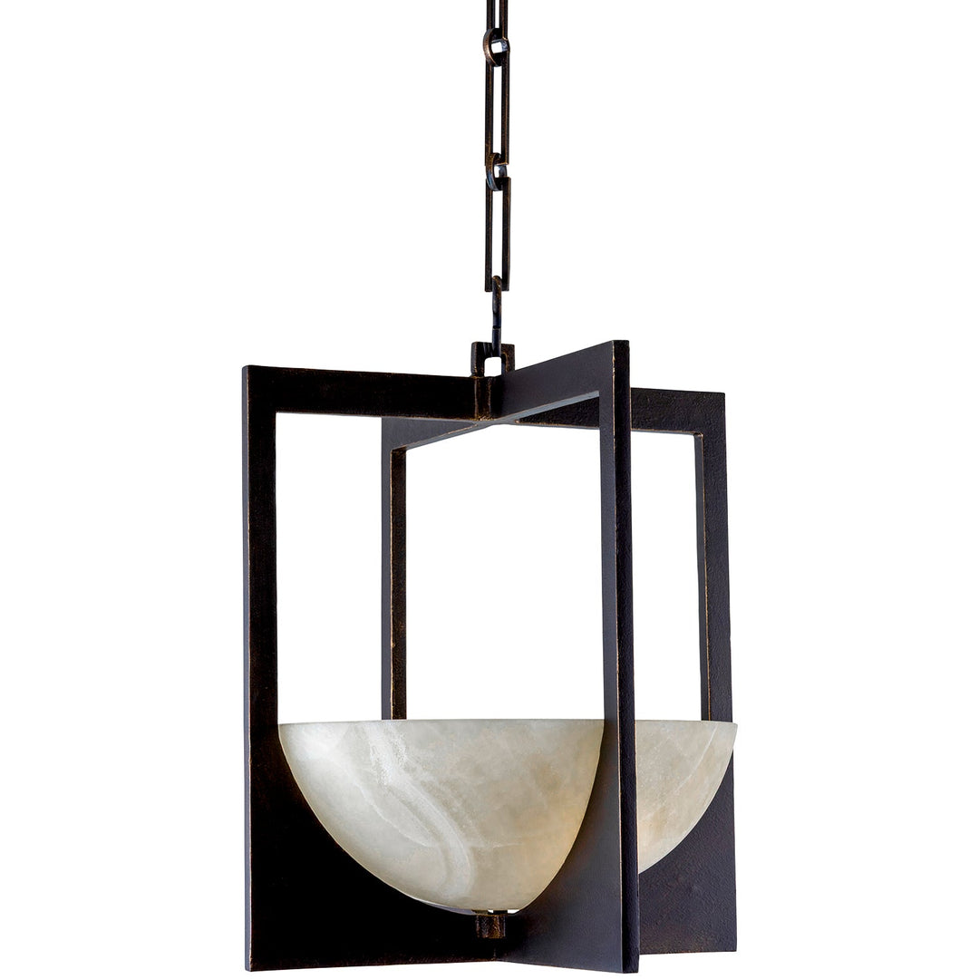 Alabaster Frame wrought iron pendant shown at an angle with intersecting geometric ironwork and a naturally veined alabaster bowl.
