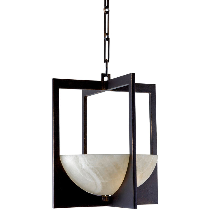 Alabaster Frame wrought iron pendant shown at an angle with intersecting geometric ironwork and a naturally veined alabaster bowl.