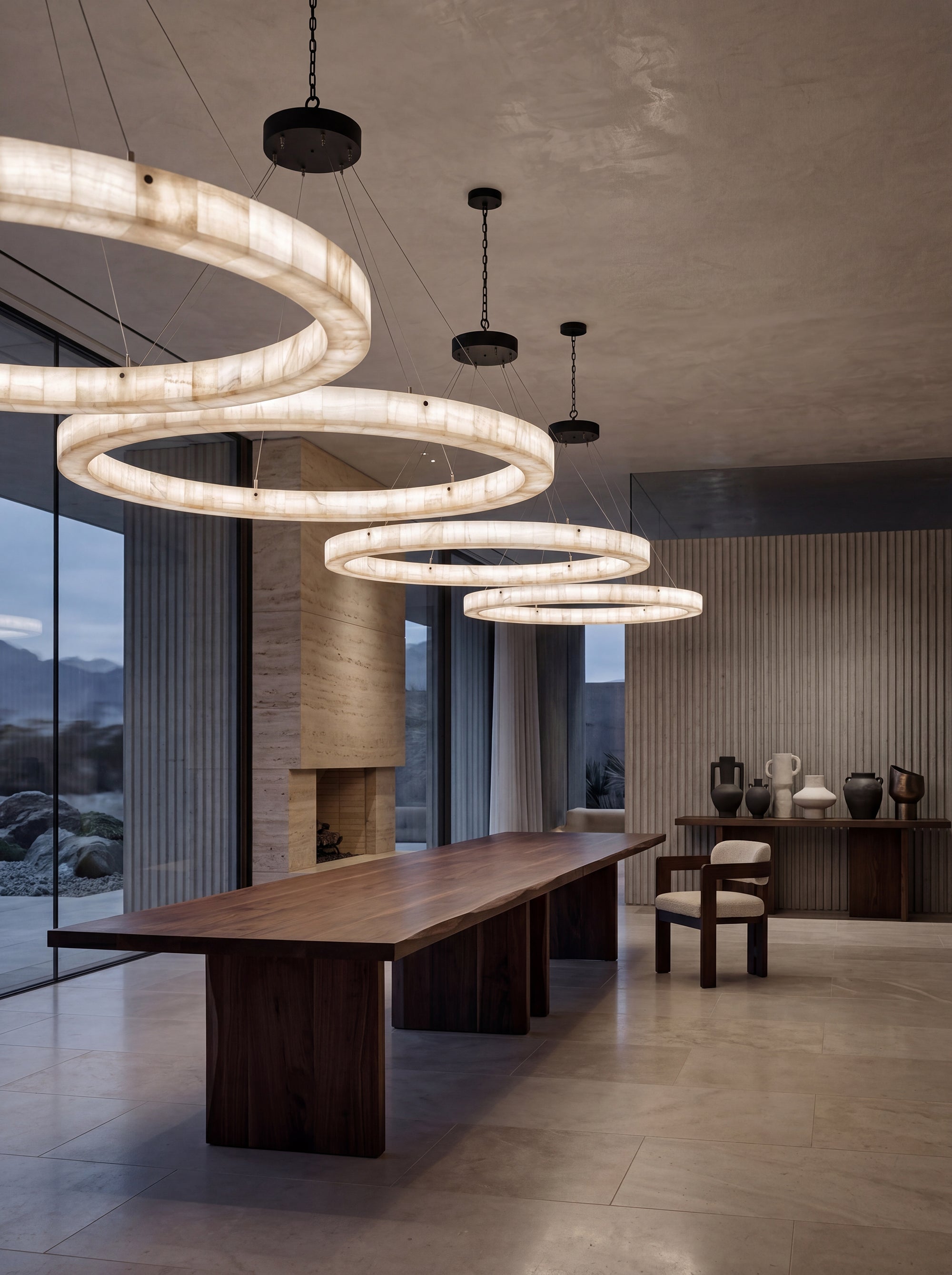 Handcrafted wrought iron alabaster chandelier featuring natural stone illumination and artisan craftsmanship