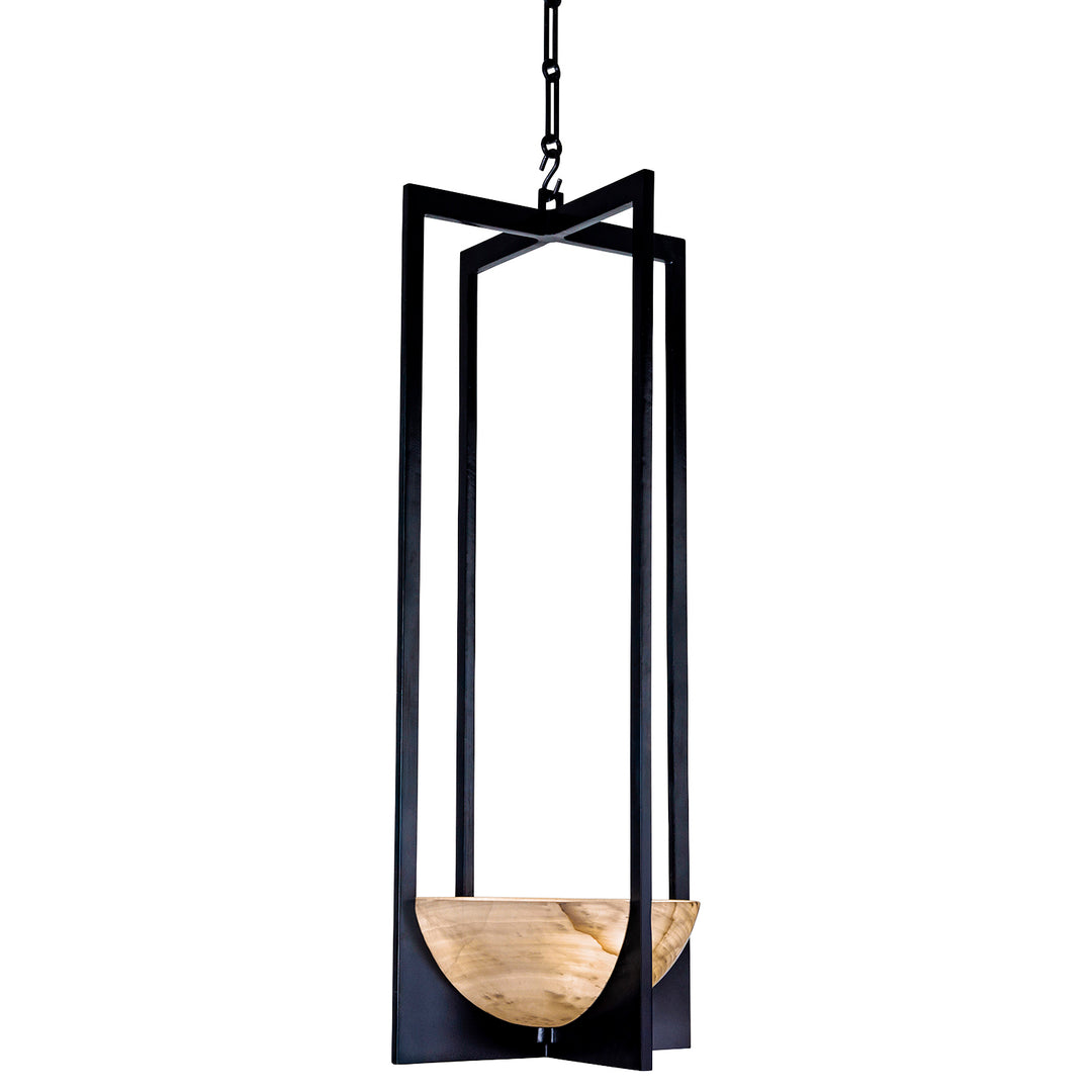 Alabaster Tower Pendant wrought iron alabaster designer pendant with tall iron frame and natural stone bowl shade