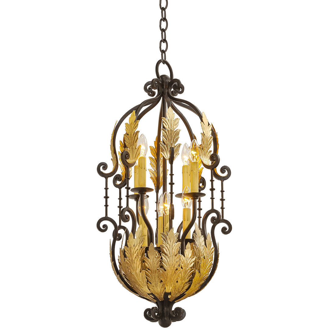 Alexander Wrought Iron Artisan Pendant wrought iron artisan pendant with scrollwork, leaf details, and eight lights