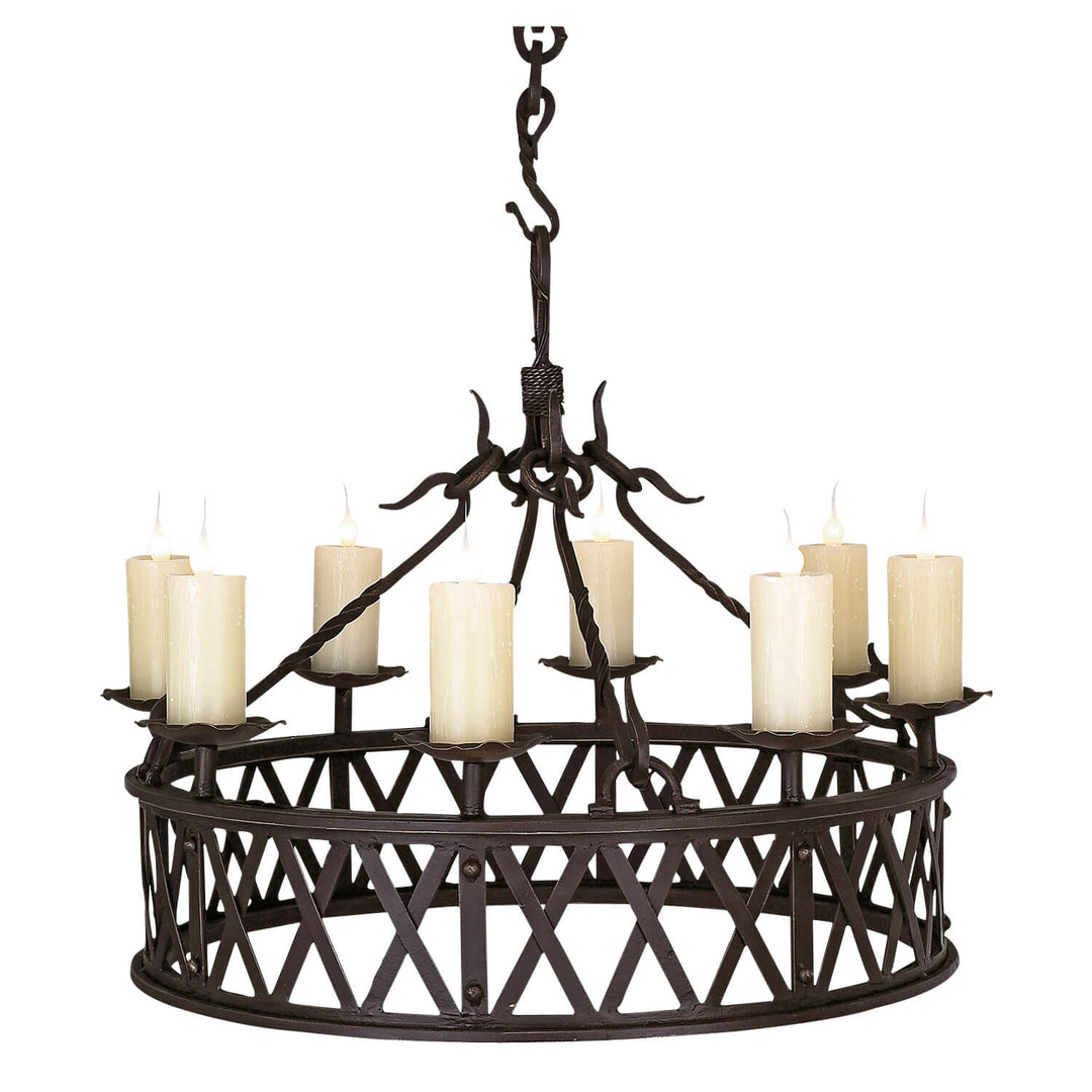 Allan wrought iron chandelier with architectural lattice framework, elevated candle lights, sculptural suspension details, and dark artisan finish.