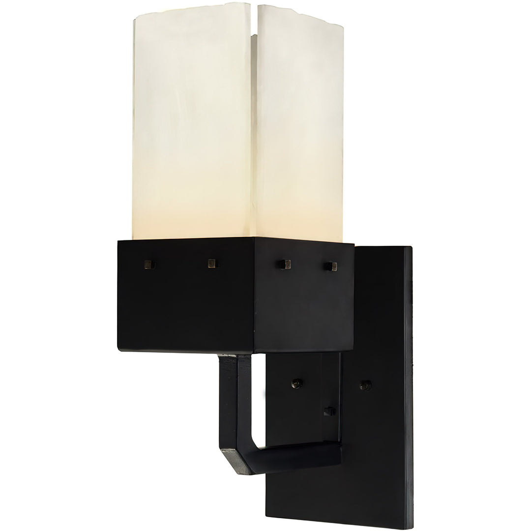 Alpine 1 Light Alabaster Sconce wrought iron alabaster sconce with vertical stone shade and iron wall plate