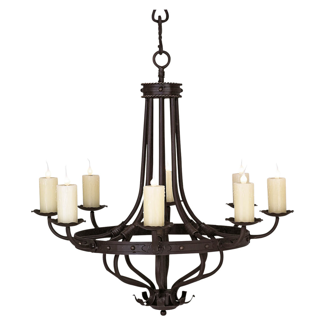 Alpine 8 Light Wrought Iron Chandelier with optional alabaster shades, curved iron frame, and custom finish options