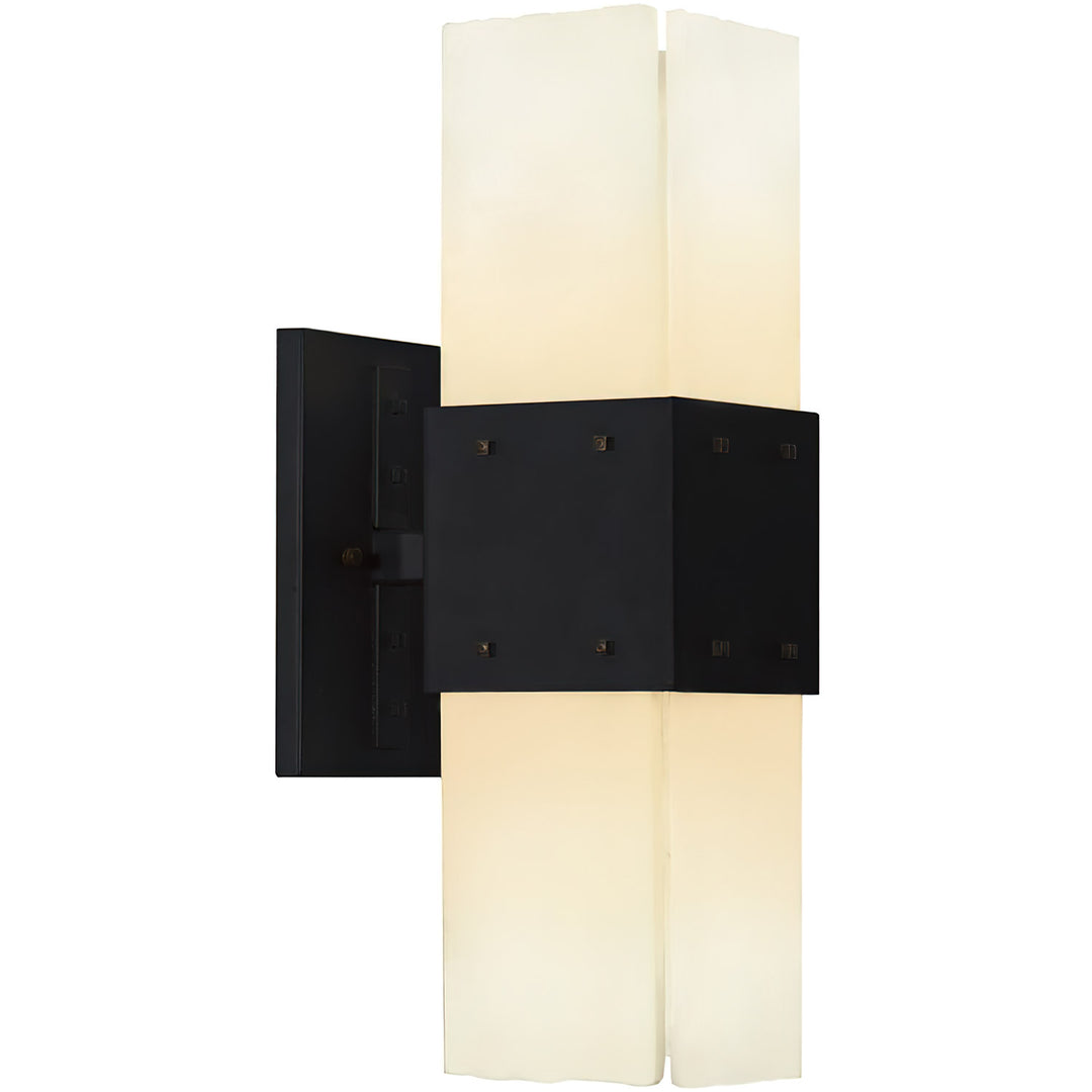 Alpine Double Alabaster Sconce wrought iron alabaster sconce with two vertical stone shades and iron center band