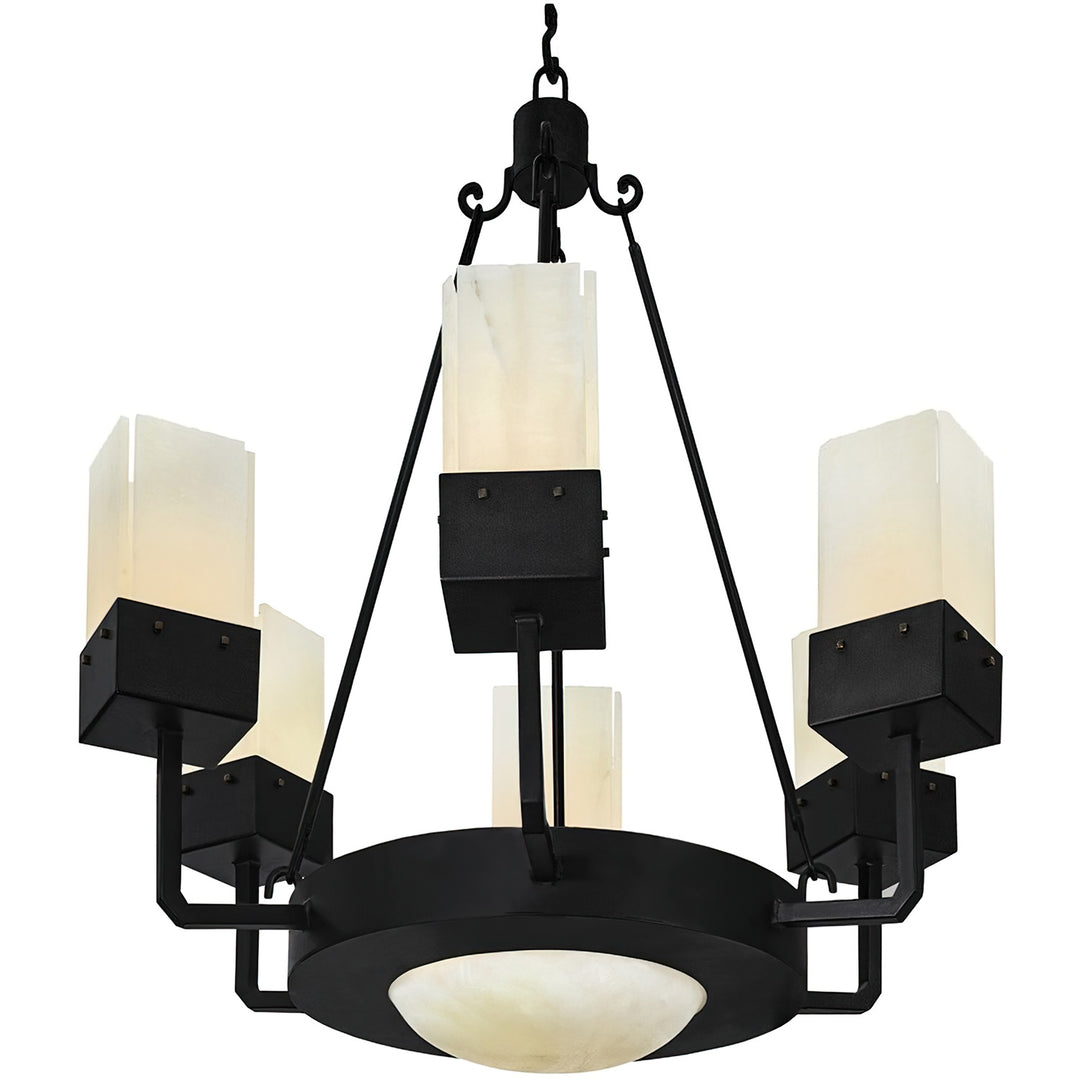 Alpine Grand Chandelier wrought iron alabaster chandelier with six lights, stone shades, and central alabaster detail
