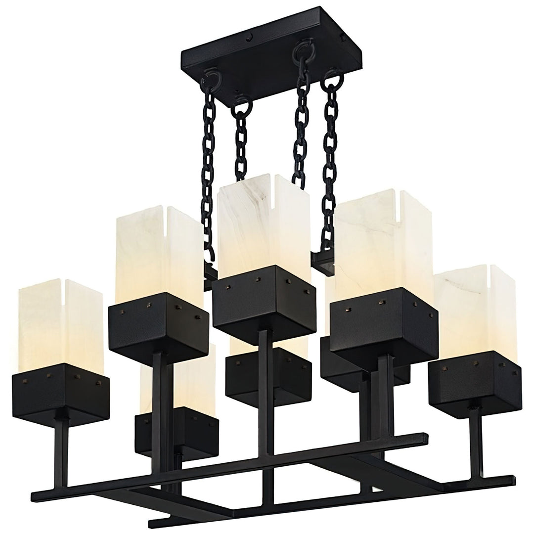 Alpine Rectangle Chandelier wrought iron alabaster chandelier with linear iron frame and multiple stone shades