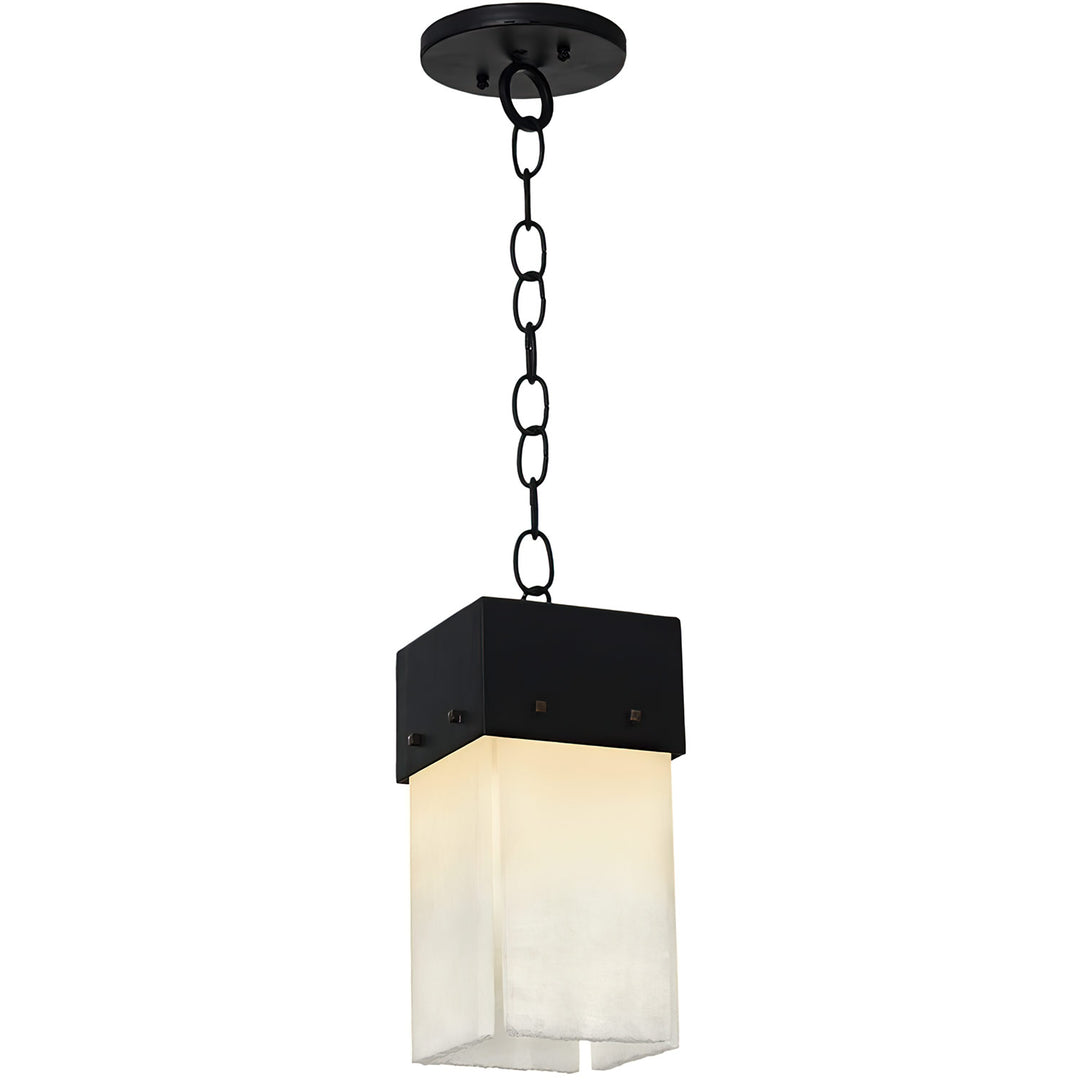 Alpine Alabaster Pendant Small wrought iron alabaster designer pendant with square stone shade and iron cap