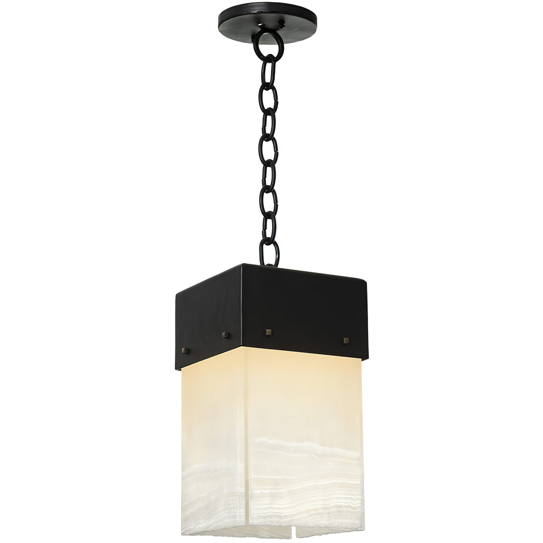 Alpine Alabaster Pendant Light wrought iron alabaster designer pendant with square stone shade and iron cap