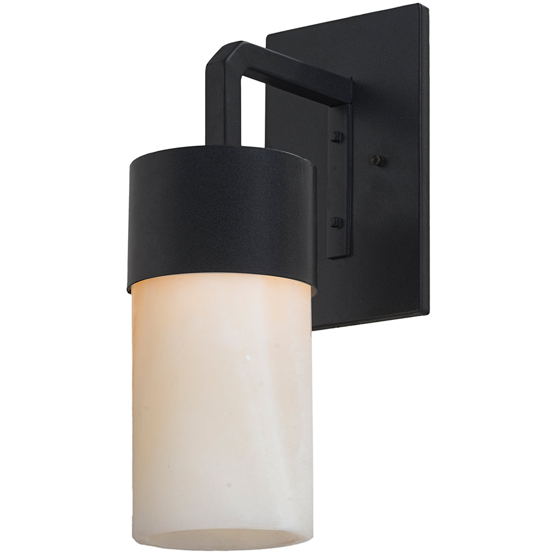 Alpine Wrought Iron Alabaster Sconce wrought iron alabaster sconce with cylindrical stone shade and black iron frame