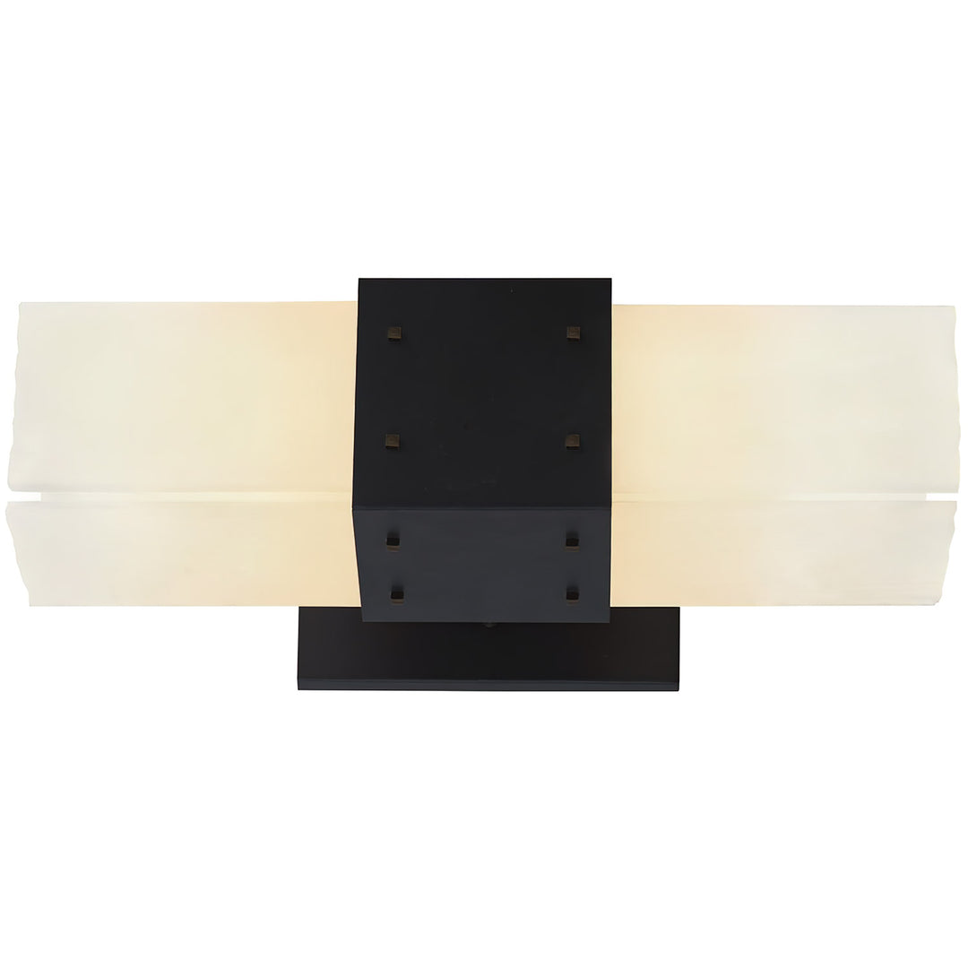 Alpine Vanity Light wrought iron alabaster vanity light with horizontal stone shade and structured iron center body