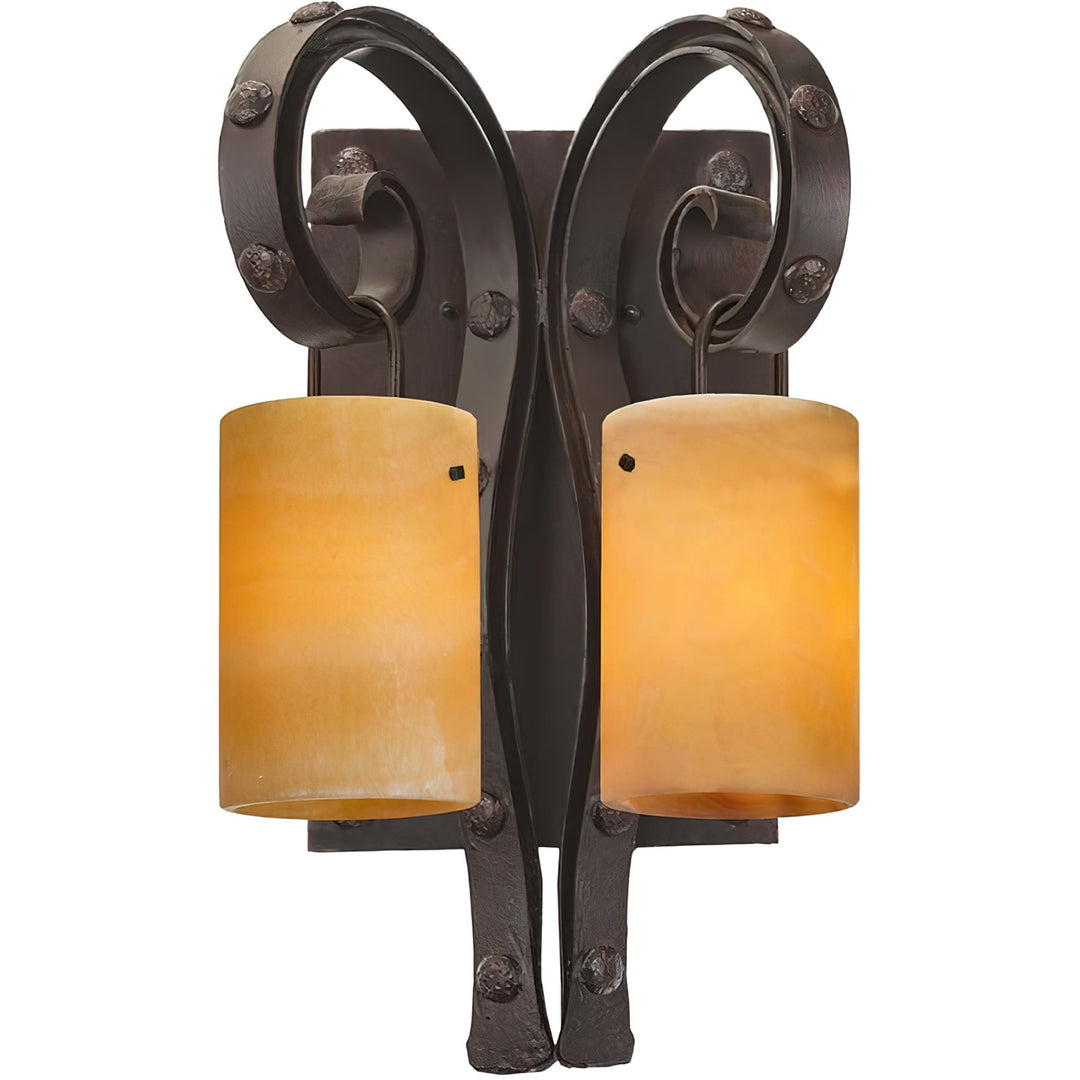 wrought iron alabaster wall sconce with dual amber alabaster shades and hand-forged scrollwork, designer lighting by manufacturer in Dallas Texas