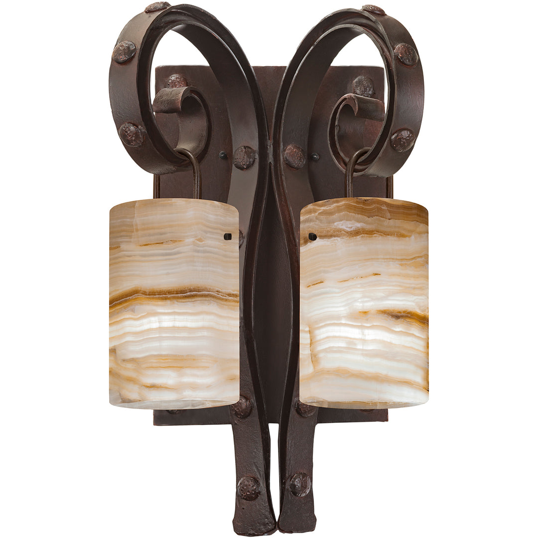 wrought iron alabaster wall sconce with dual scroll arms and white stone shades, handcrafted designer lighting by manufacturer in Dallas Texas