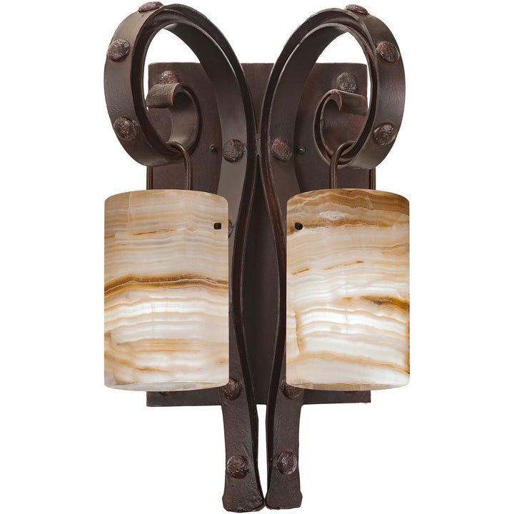 wrought iron alabaster wall sconce with dual scroll arms and white stone shades, handcrafted designer lighting by manufacturer in Dallas Texas
