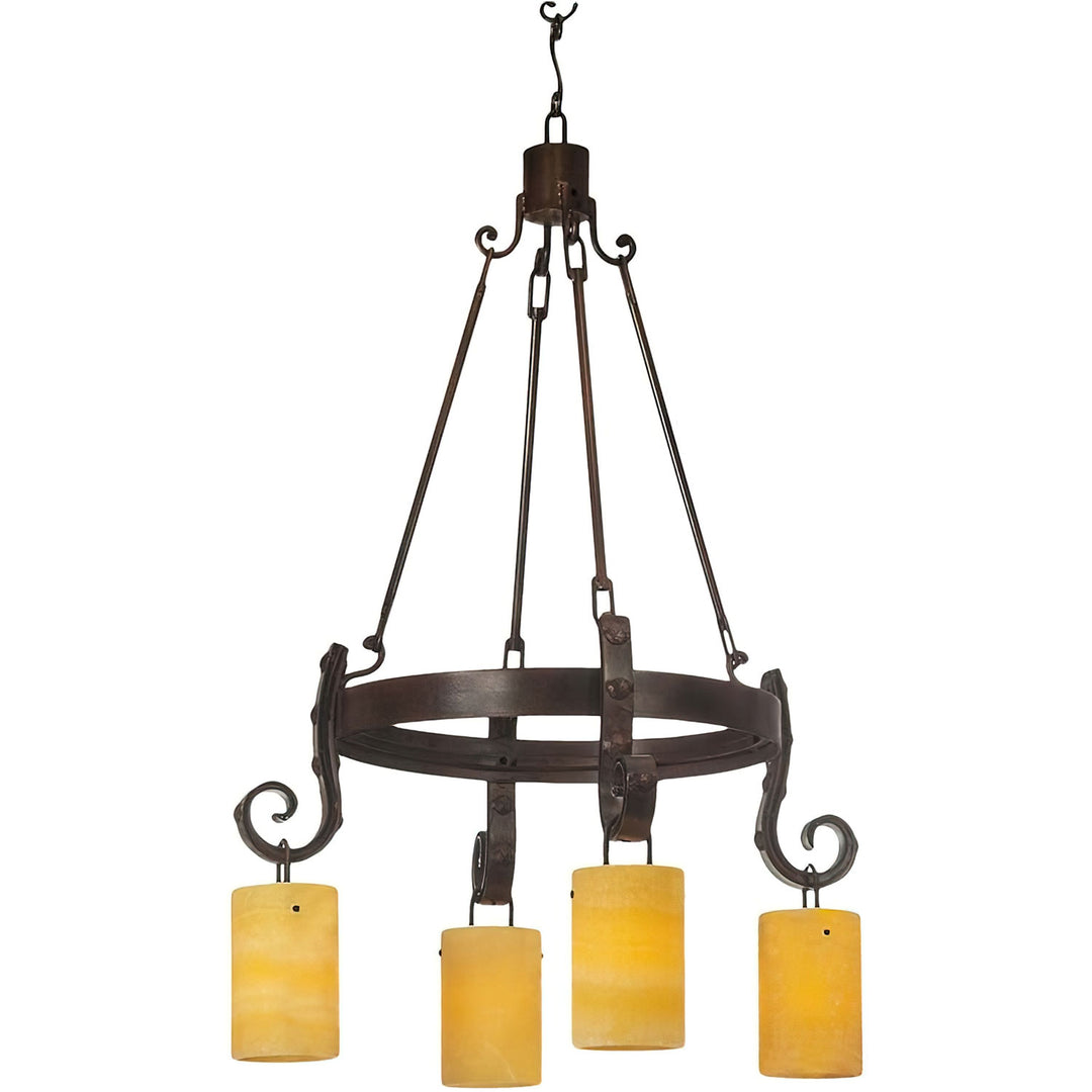 Antibes 4 light wrought iron chandelier with round frame and glowing alabaster shades, handcrafted in Dallas with artisan finishes