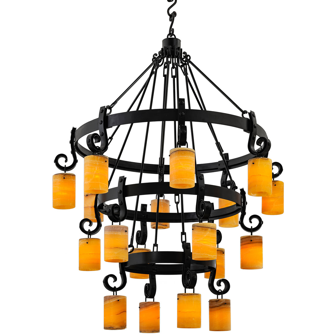 Antibes three-tier wrought iron alabaster chandelier with three circular frames, hanging amber stone shades and forged scroll accents.