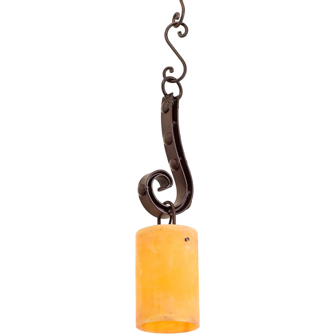Antibes wrought iron alabaster pendant with an elongated scrolled hook, rounded clavos accents, and a cylindrical amber stone shade.