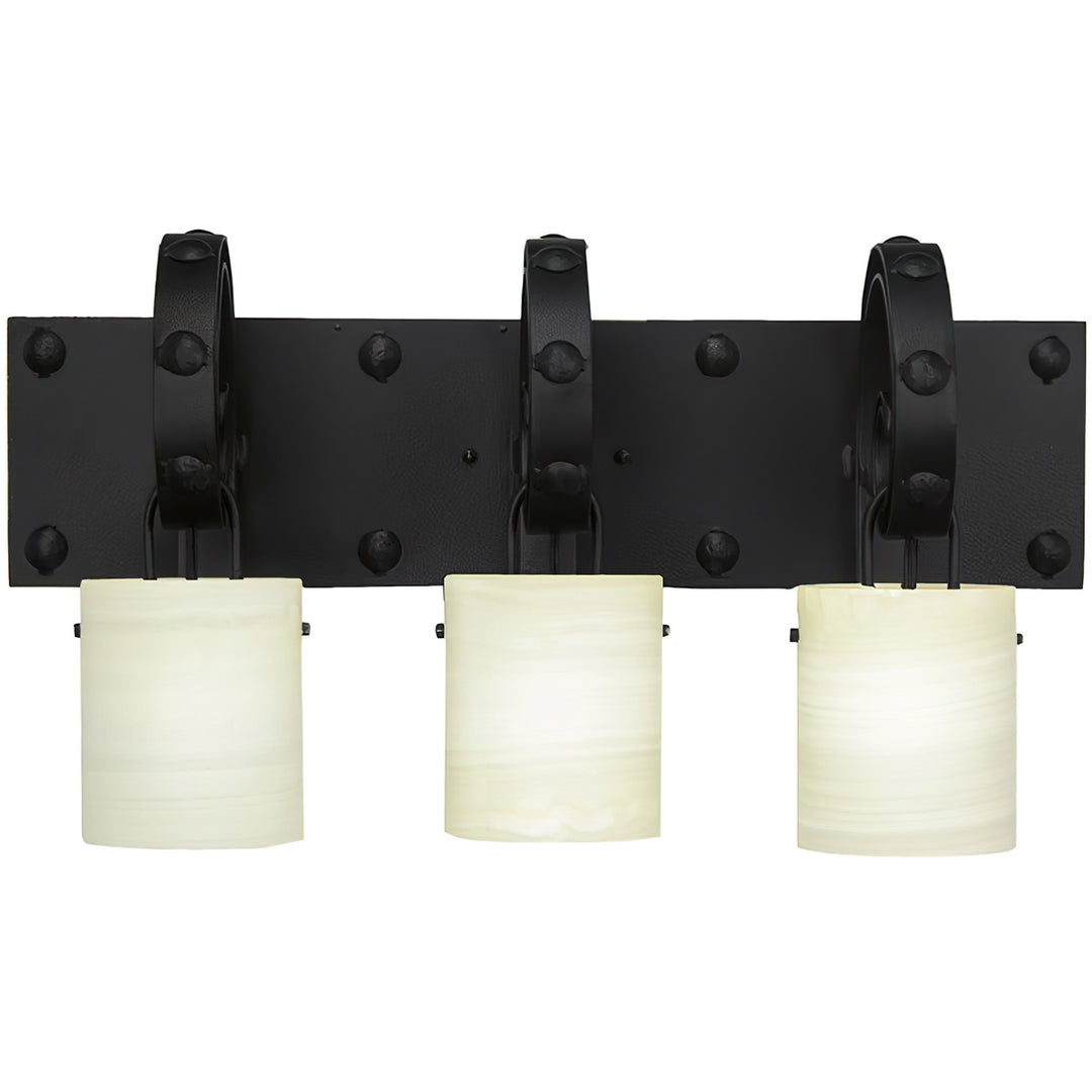 Antibes three-light wrought iron alabaster vanity light with a black riveted backplate, three curved brackets, and white stone shades.