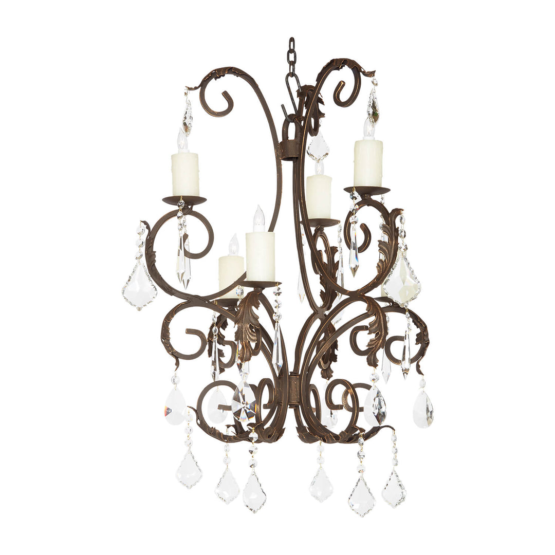 Ashore six-light wrought iron crystal chandelier with sweeping scrollwork, foliate accents, candle covers and hanging faceted crystal drops.