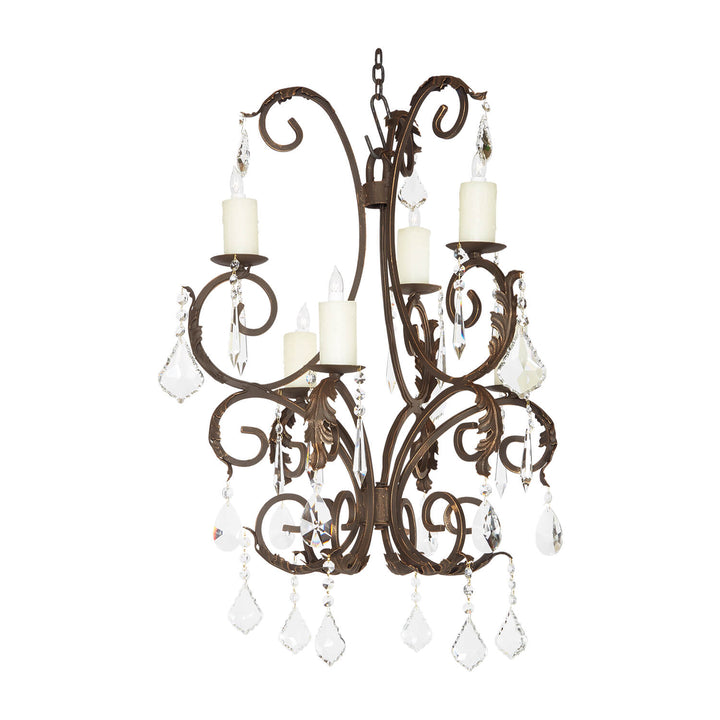 Ashore six-light wrought iron crystal chandelier with sweeping scrollwork, foliate accents, candle covers and hanging faceted crystal drops.