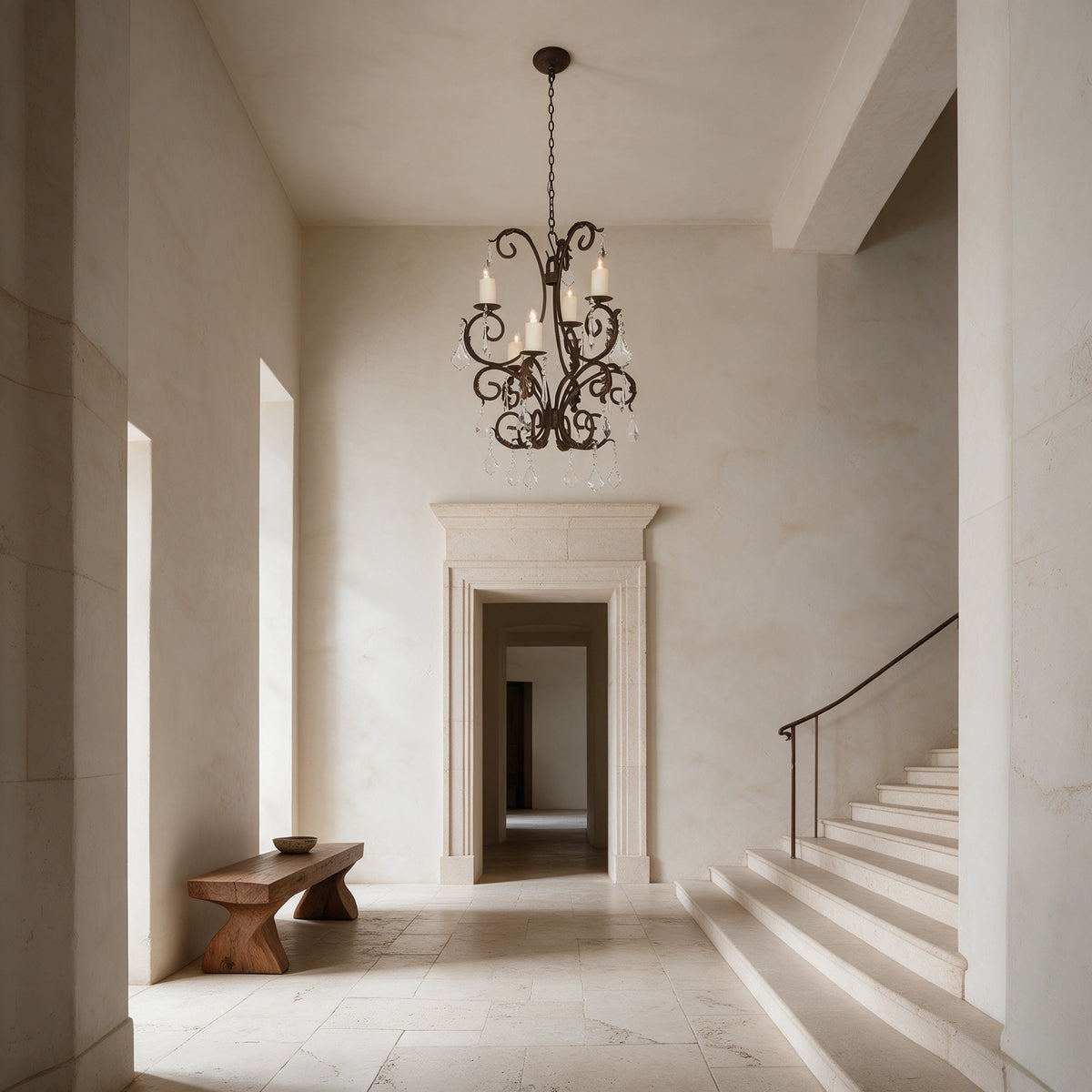 Ashore Sculptural wrought iron crystal chandelier suspended in a pale stone foyer beside a sweeping staircase and framed doorway.