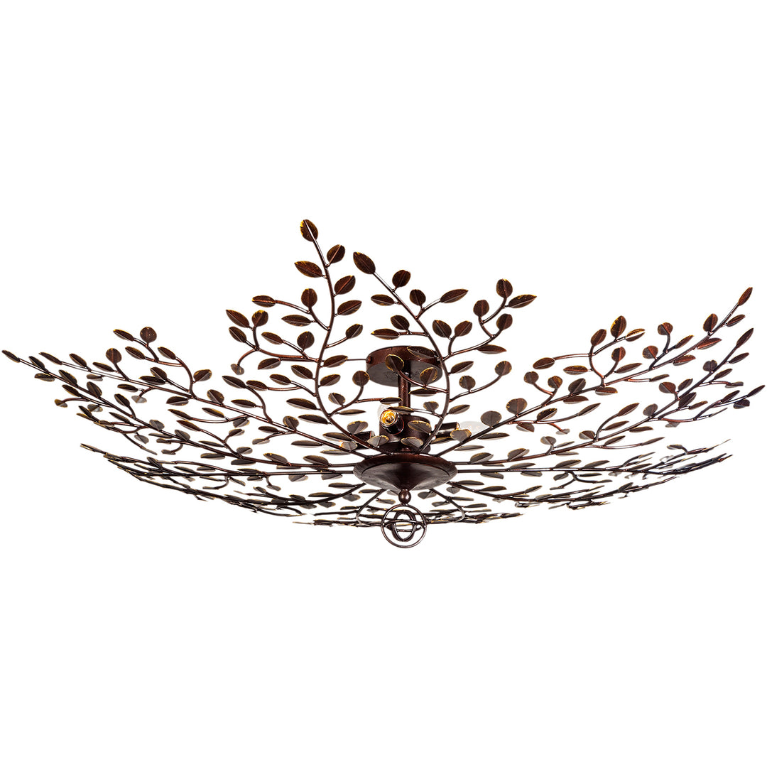 Athena wrought iron flush mount designer ceiling light with branching leaf canopy, open botanical ironwork, and artisan finish