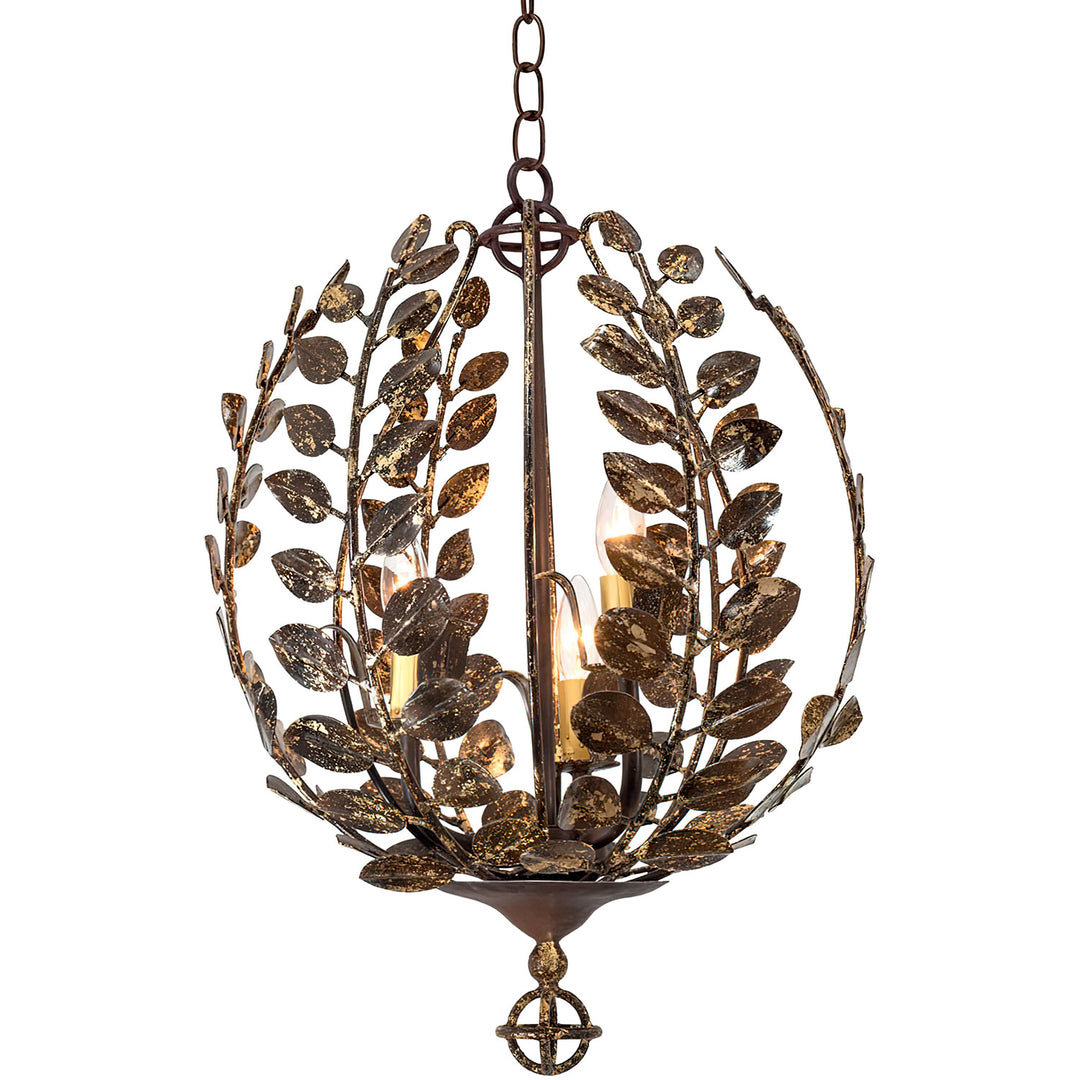 Athena Wrought Iron Pendant Light wrought iron pendant with sculptural leaf frame and three interior lights