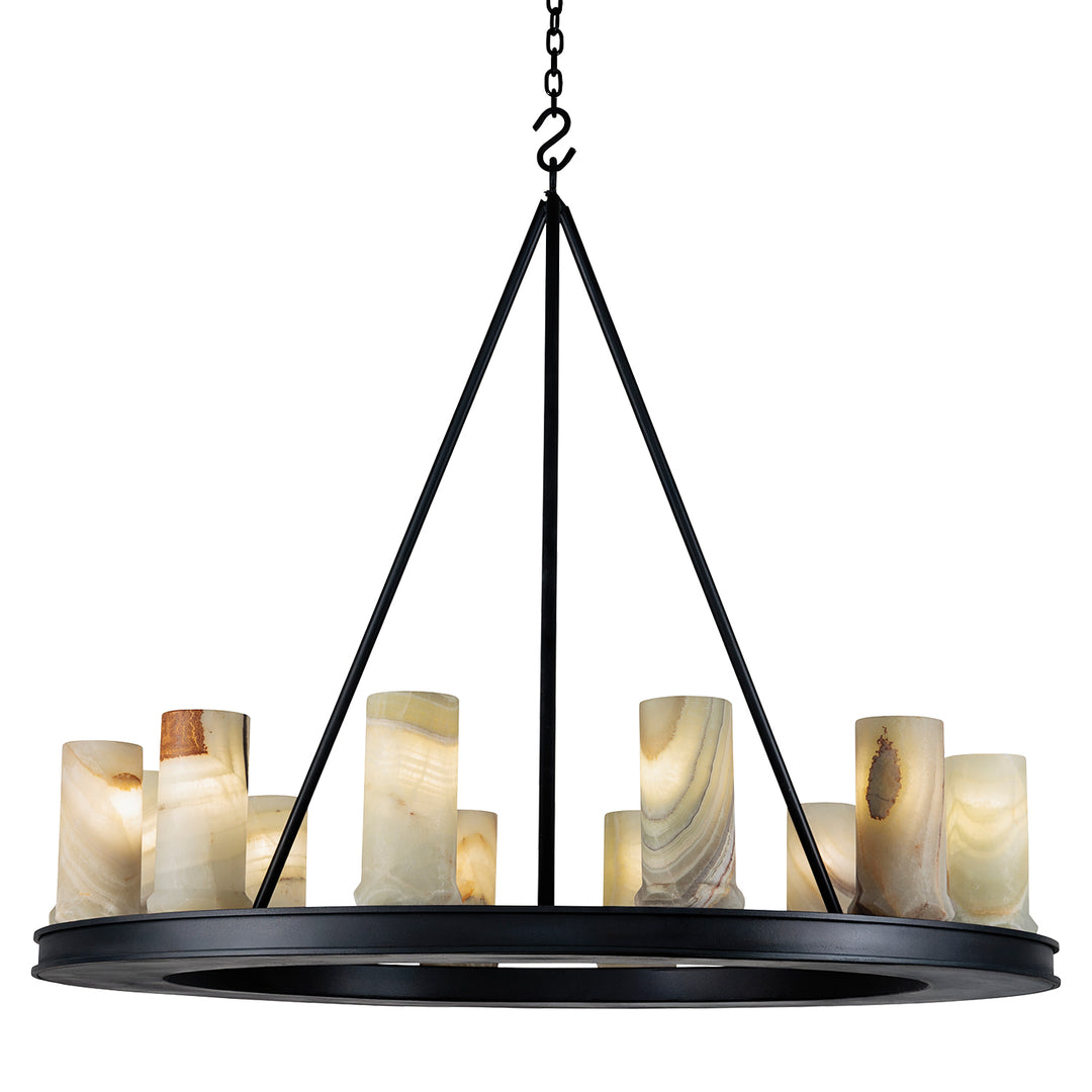 Avanti wrought iron ring chandelier with suspended iron supports and illuminated natural alabaster cylinder shades in varied stone veining.