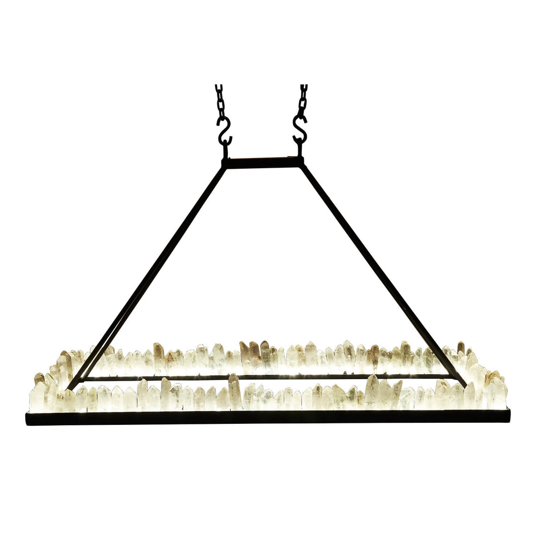 Axiom rectangular wrought iron quartz chandelier with a broad open iron frame lined in illuminated natural quartz formations.