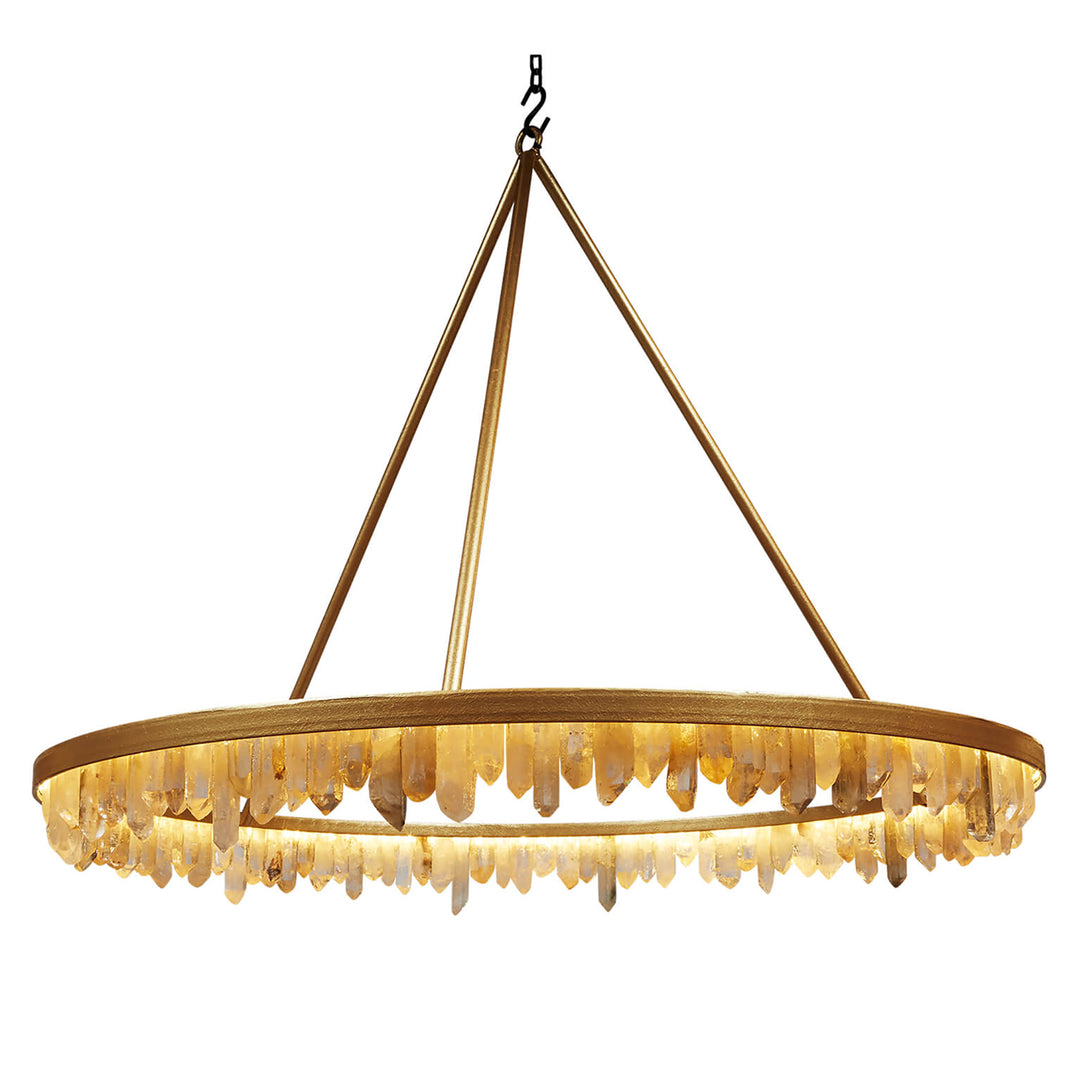 Bailey single-tier wrought iron quartz chandelier with a circular iron ring lined in cascading natural quartz crystal formations.